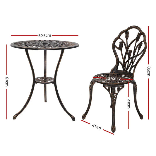 Gardeon 3PC Outdoor Setting Bistro Set Chairs Table Cast Aluminum Patio Furniture Tulip Bronze - Mekamart Australia