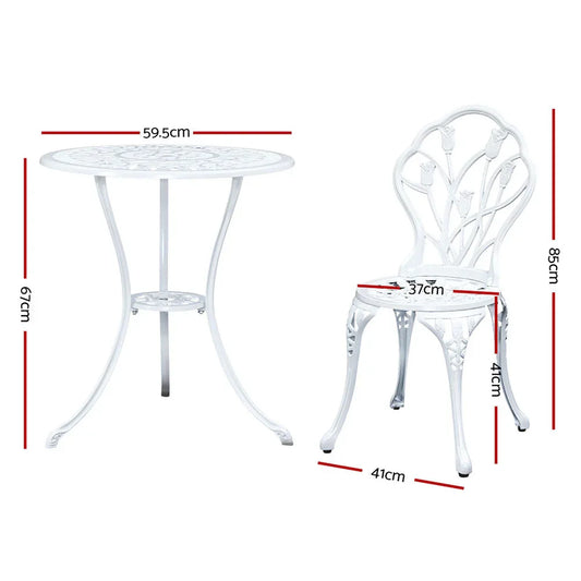 Gardeon 3PC Outdoor Setting Bistro Set Chairs Table Cast Aluminum Patio Furniture Tulip White - Mekamart Australia