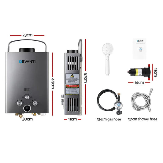 Devanti Portable Gas Water Heater 8L/Min With Pump LPG System Grey - Mekamart Australia