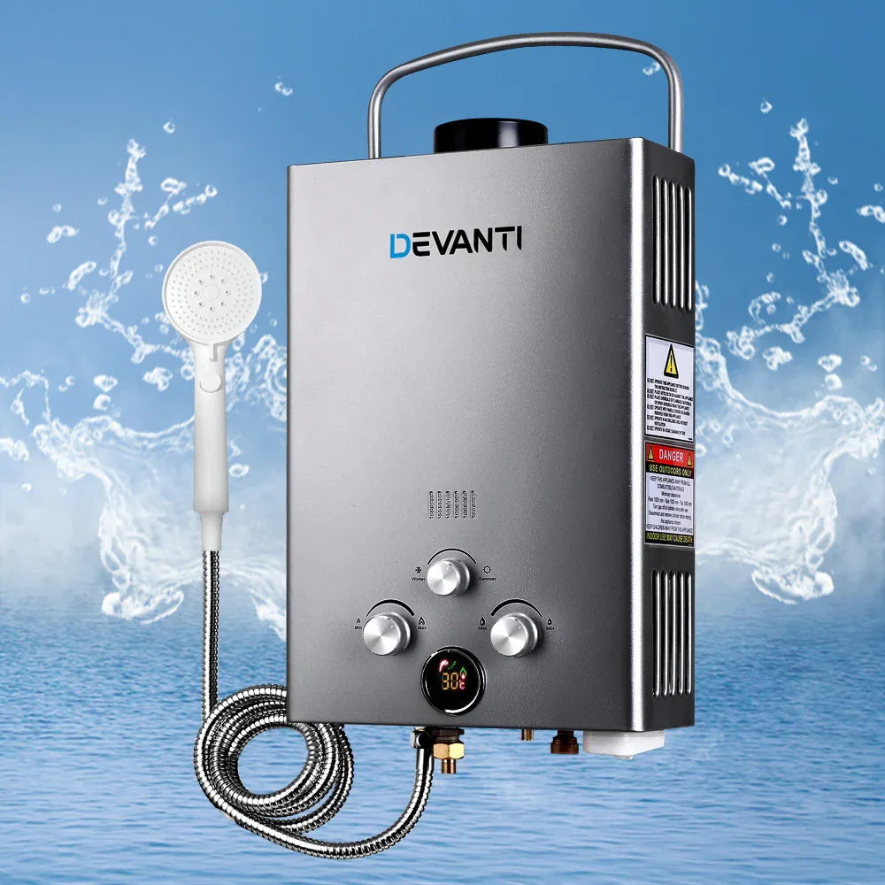 Devanti Portable Gas Water Heater 8L/Min With Pump LPG System Grey - Mekamart Australia
