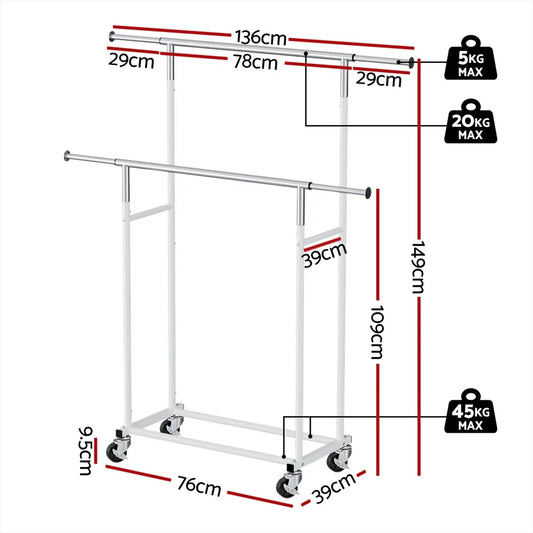 Artiss Clothes Rack Double Rod Airer Rail Coat Stand Adjustable Hanger - Mekamart Australia