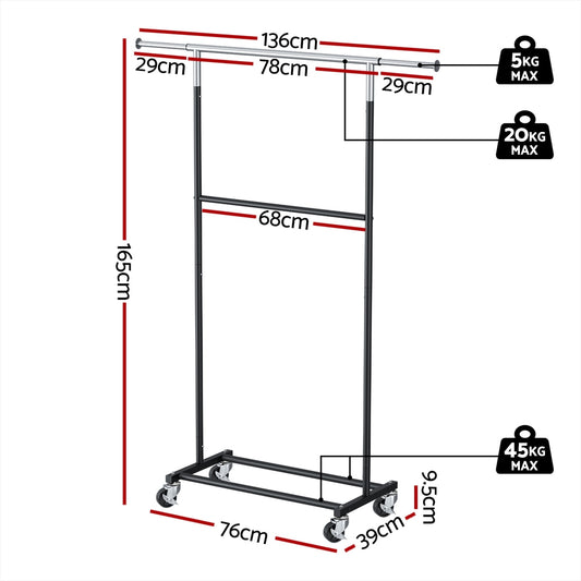 Artiss Clothes Rack Double Rod Airer Rail Coat Stand Adjustable Hanger - Mekamart Australia
