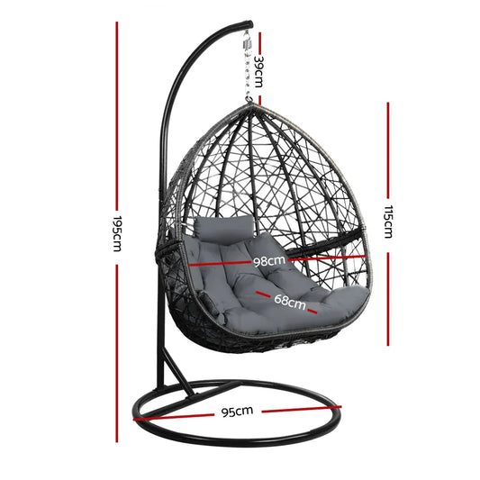 Gardeon Outdoor Egg Swing Chair Wicker Rattan Furniture Pod Stand Cushion Grey - Mekamart Australia