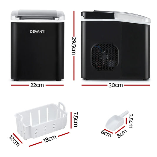 Devanti Ice Maker Machine Portable 12kg Countertop w/Self Cleaning 1.2L Black - Mekamart Australia