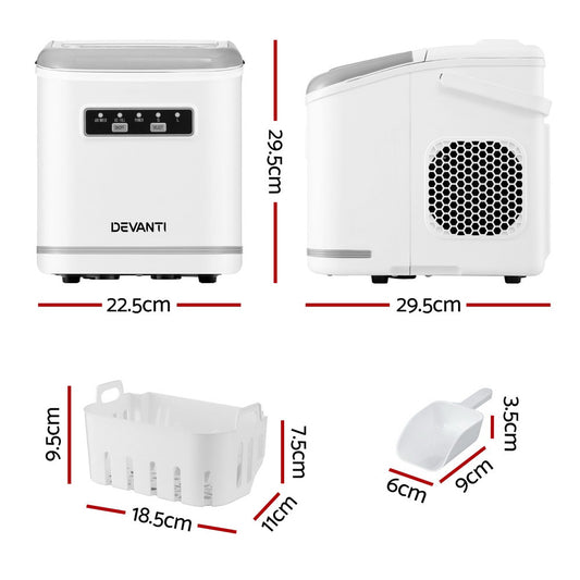 Devanti Ice Maker Machine Portable 12kg Countertop w/Self Cleaning 1.3L White - Mekamart Australia