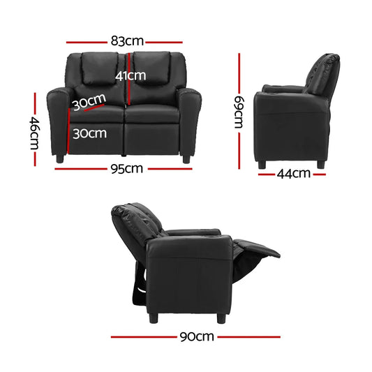 Keezi Kids Recliner Chair Double PU Leather Sofa Lounge Couch Armchair Black - Mekamart Australia