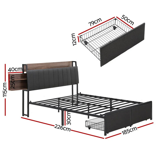 Artiss Metal Bed Frame King Size with 2-Tier Hidden Storage with Charging Station - Mekamart Australia