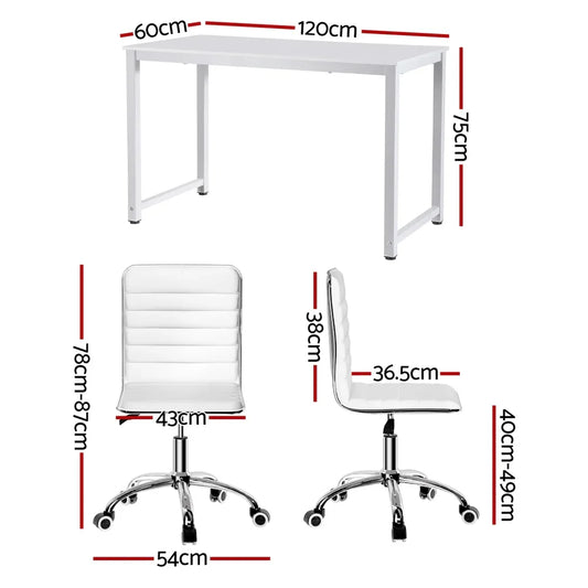 Artiss Computer Desk 120cm Executive Office Chairs Set PU Leather Low Back White - Mekamart Australia