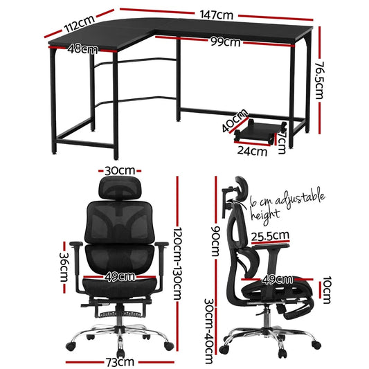 Artiss Computer Desk L-Shape Study Desks Ergonomic Office Chair Mesh Chairs