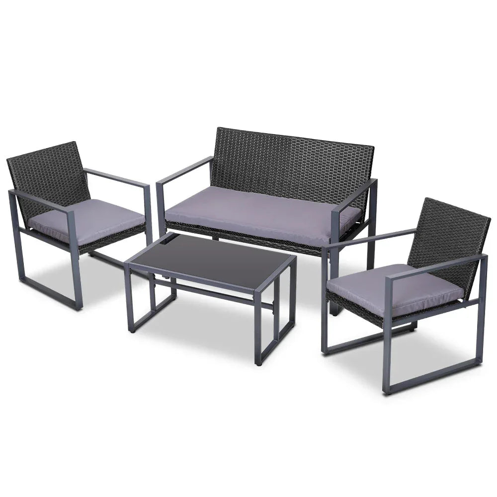 Gardeon 4 PCS Outdoor Sofa Set Rattan Furniture Glass Top Table Chairs Black - Mekamart Australia