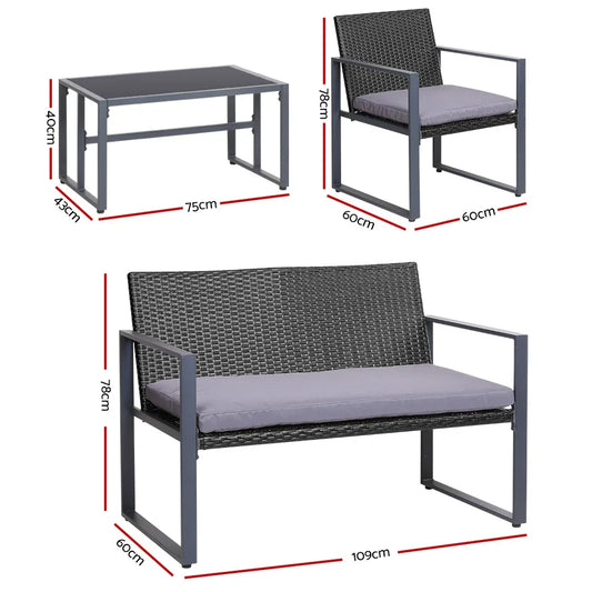 Gardeon 4 PCS Outdoor Sofa Set Rattan Furniture Glass Top Table Chairs Black - Mekamart Australia