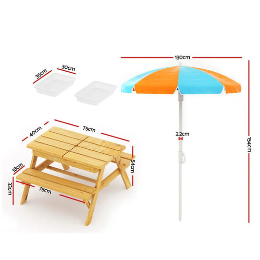 Keezi Kids Outdoor Table and Chairs Picnic Bench Umbrella Set Water Sand Pit Box - Mekamart Australia