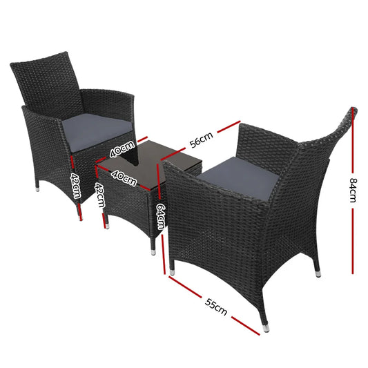 Gardeon 3PC Outdoor Bistro Set Patio Furniture Wicker Chairs Table Cushion All Black - Mekamart Australia