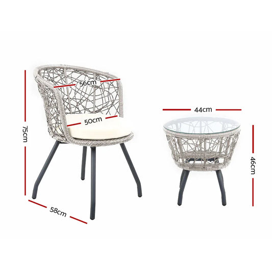 Gardeon 3PC Bistro Set Outdoor Furniture Rattan Table Chairs Patio Garden Cushion Grey - Mekamart Australia