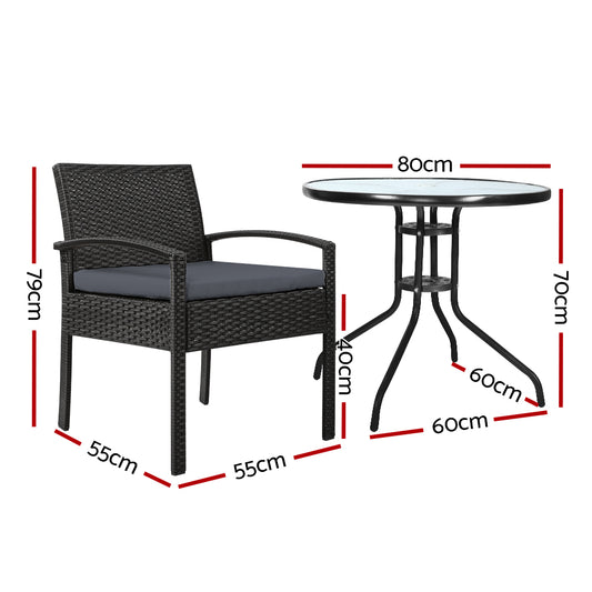 Gardeon 3PC Bistro Set Outdoor Furniture Rattan Table Chairs Cushion Patio Garden Felix - Mekamart Australia
