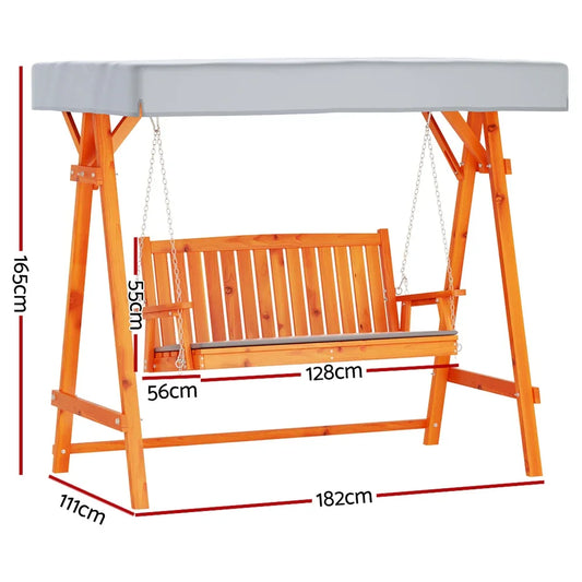 Gardeon Outdoor Wooden Swing Chair Garden Bench Canopy Cushion 3 Seater Teak - Mekamart Australia