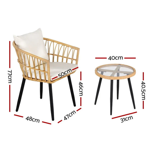 Gardeon 3PC Outdoor Bistro Set Patio Furniture Lounge Setting Table and Chairs Natural - Mekamart Australia