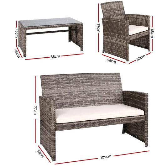 Gardeon 4 PCS Outdoor Sofa Set Rattan Chair Table Setting Garden Furniture Grey - Mekamart Australia