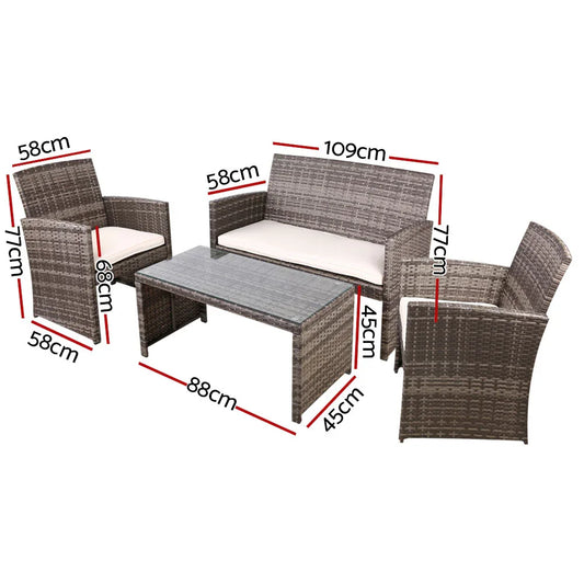 Gardeon 4 PCS Outdoor Sofa Set with Storage Cover Rattan Chair Furniture Grey - Mekamart Australia