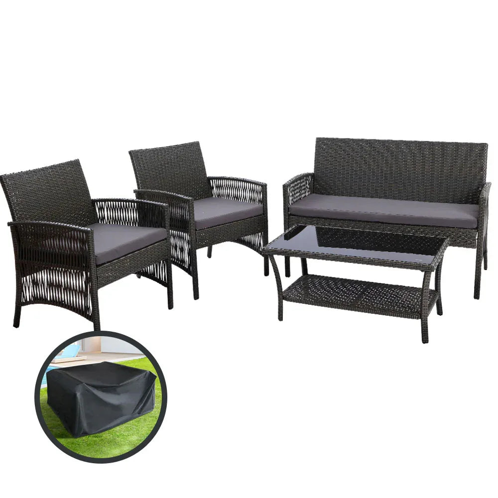 Gardeon 4PCS Outdoor Sofa Set with Storage Cover Wicker Harp Chair Table Grey - Mekamart Australia