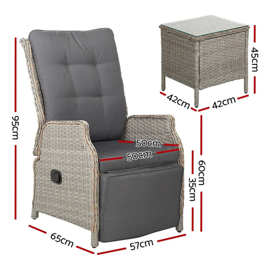 Gardeon 3PC Recliner Chairs Table Sun lounge Outdoor Furniture Wicker Adjustable Grey - Mekamart Australia