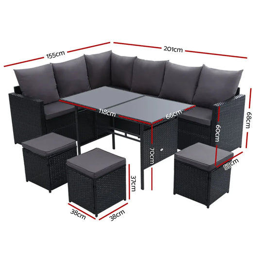 Gardeon Outdoor Furniture Dining Setting Sofa Set Lounge Wicker 9 Seater Black - Mekamart Australia