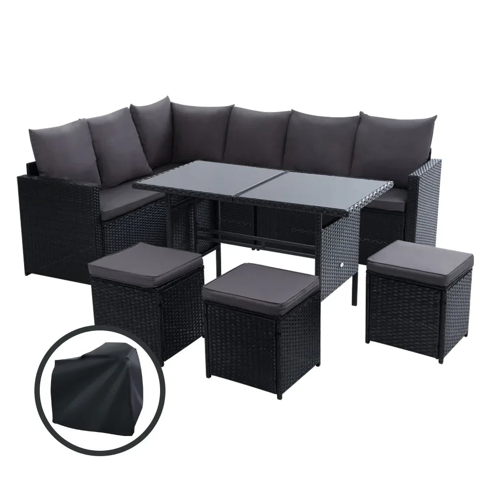 Gardeon Outdoor Dining Set Sofa Lounge Setting Chairs Table Ottoman Black Cover - Mekamart Australia