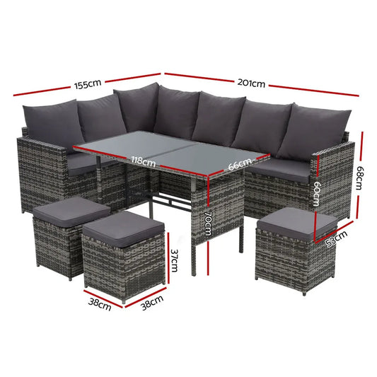 Gardeon Outdoor Furniture Dining Setting Sofa Set Lounge Wicker 9 Seater Mixed Grey - Mekamart Australia