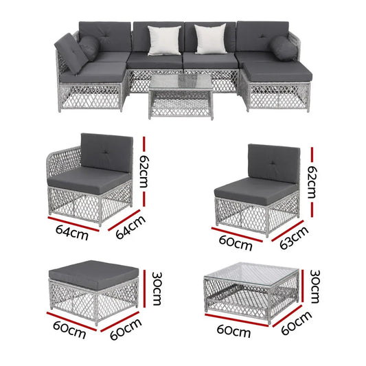 Gardeon 6 Seater Outdoor Sofa Set 7PCS Table Chair Set Garden Rattan Patio Furniture - Mekamart Australia