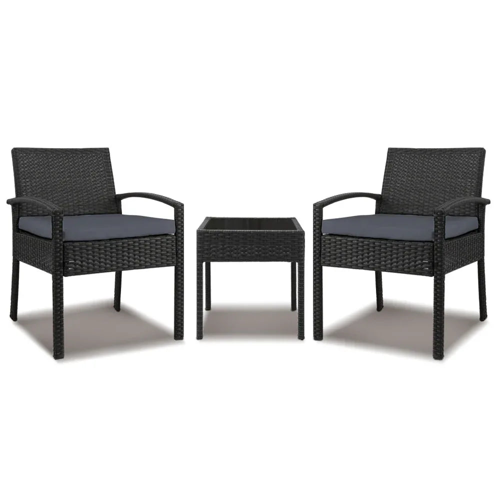Gardeon 3PC Patio Furniture Bistro Set Wicker Outdoor Lounge Setting Black - Mekamart Australia