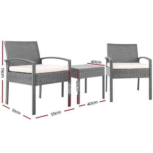Gardeon 3PC Patio Furniture Bistro Set Wicker Outdoor Lounge Setting Grey - Mekamart Australia