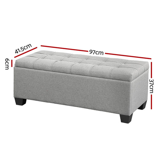 Artiss Storage Ottoman Blanket Box 97cm Button Linen Grey - Mekamart Australia