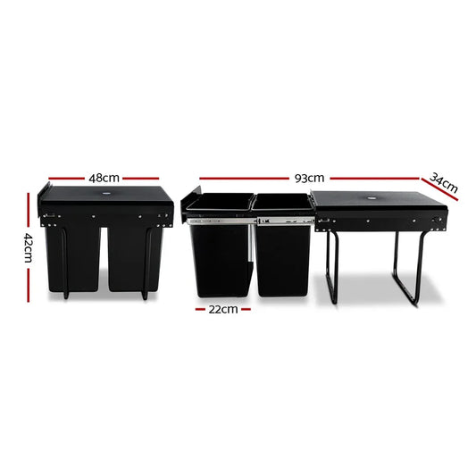 Cefito Pull Out Bin Kitchen Double Basket 2X20L Black - Mekamart Australia