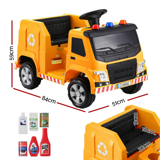 Rigo Kids Ride On Car Garbage Truck Police Light 12V Electric Toys Cars Yellow - Mekamart Australia