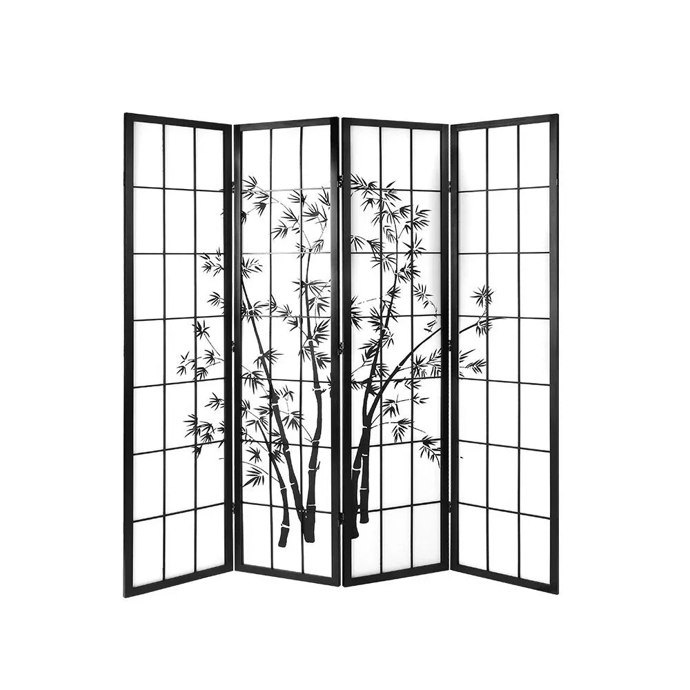 Artiss 4 Panel Room Divider Screen 174x179cm Bamboo Black White - Mekamart Australia