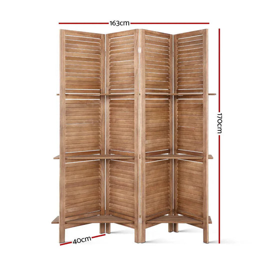 Artiss 4 Panel Room Divider Screen 163x170cm Shelf Oak - Mekamart Australia