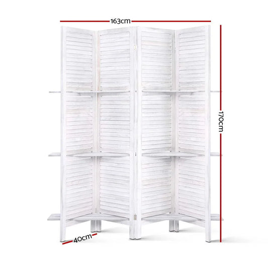 Artiss 4 Panel Room Divider Screen 163x170cm Shelf White - Mekamart Australia