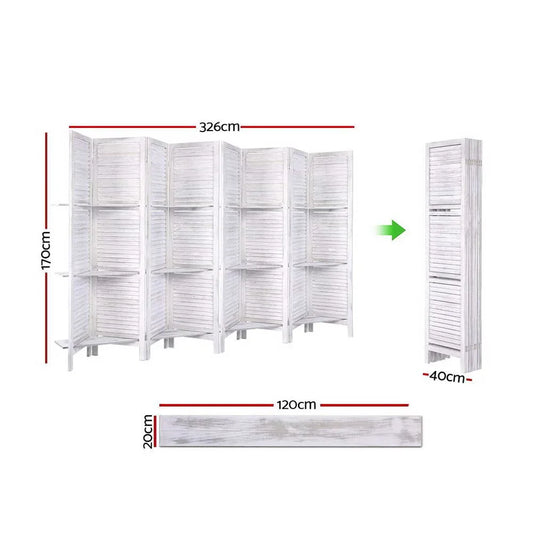 Artiss 8 Panel Room Divider Screen 326x170cm Shelf White - Mekamart Australia
