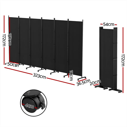 Artiss 6 Panel Room Divider Screen 323cm Wheel Fabric Black - Mekamart Australia