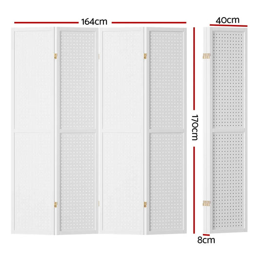 Artiss 4 Panel Room Divider Screen 164x170cm Pegboard White - Mekamart Australia