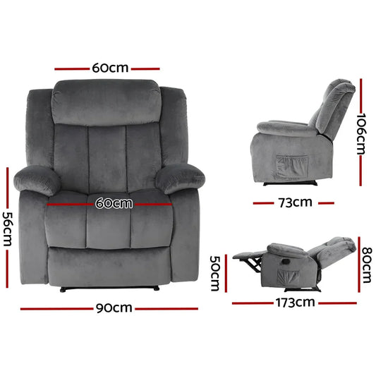Artiss Recliner Chair Electric Massage Chair Velvet Lounge Sofa Heated Grey - Mekamart Australia