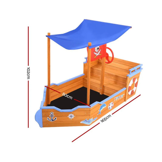 Keezi Kids Sandpit Wooden Boat Sand Pit with Canopy Bench Seat Beach Toys 165cm - Mekamart Australia