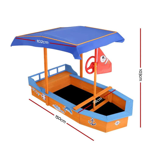 Keezi Kids Sandpit Wooden Boat Sand Pit with Canopy Bench Seat Beach Toys 150cm - Mekamart Australia
