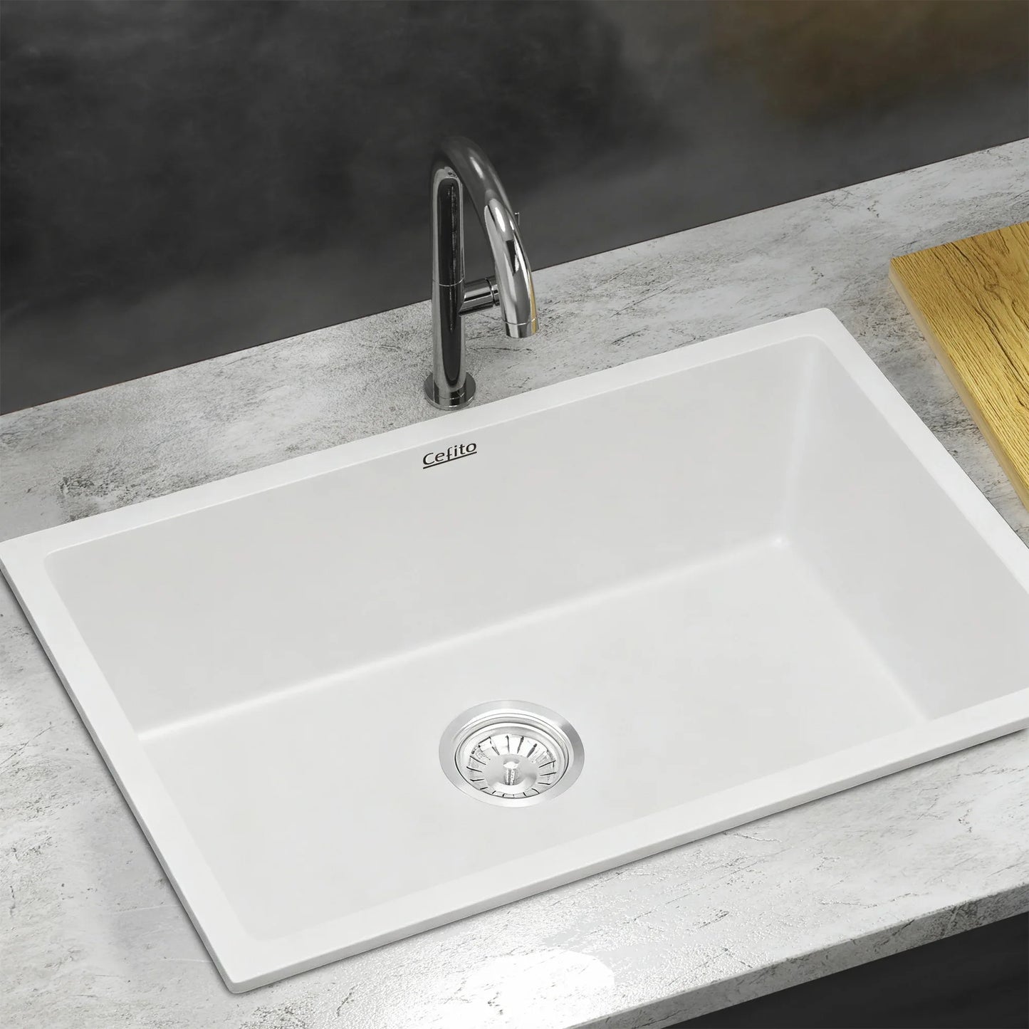 Cefito Kitchen Sink 70x45cm Granite Stone Sink Single Bowl White - Mekamart Australia