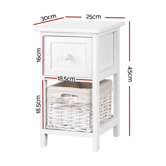 Artiss Bedside Table 1 Drawer with Basket Rustic White X2 - Mekamart Australia