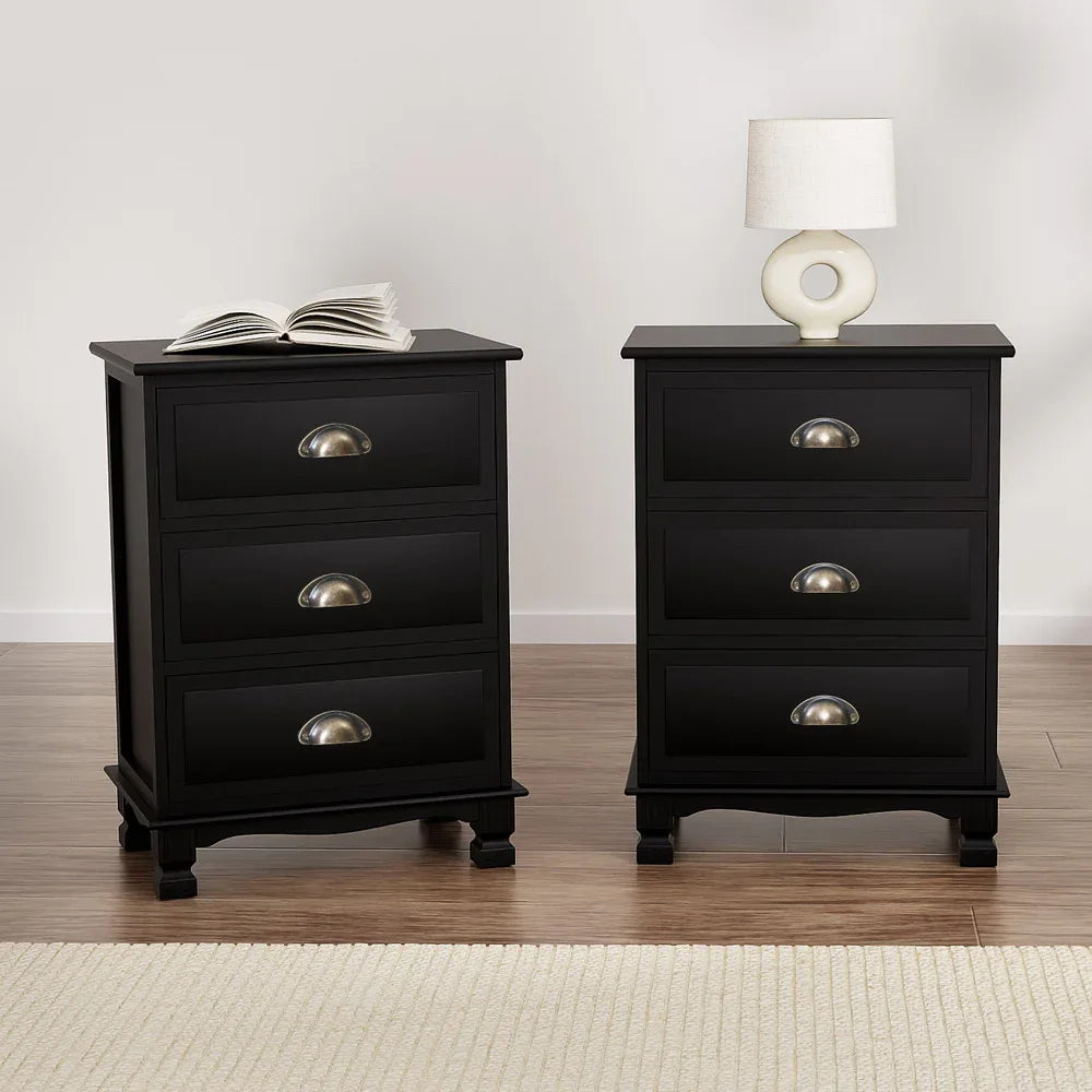 Artiss 2x Bedside Table 3 Drawers Vintage - THYME Black - Mekamart Australia