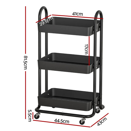 Artiss Storage Trolley Kitchen Cart 3 Tiers Rack Shelf Organiser Wheels Black - Mekamart Australia