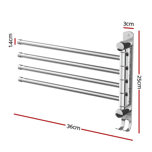 Towel Rail Rack Holder 4 Bars Wall Mounted Stainless Steel Swivel Hanging Hook - Mekamart Australia