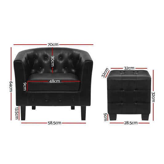 Artiss Armchair Set with Ottoman Black Ava - Mekamart Australia