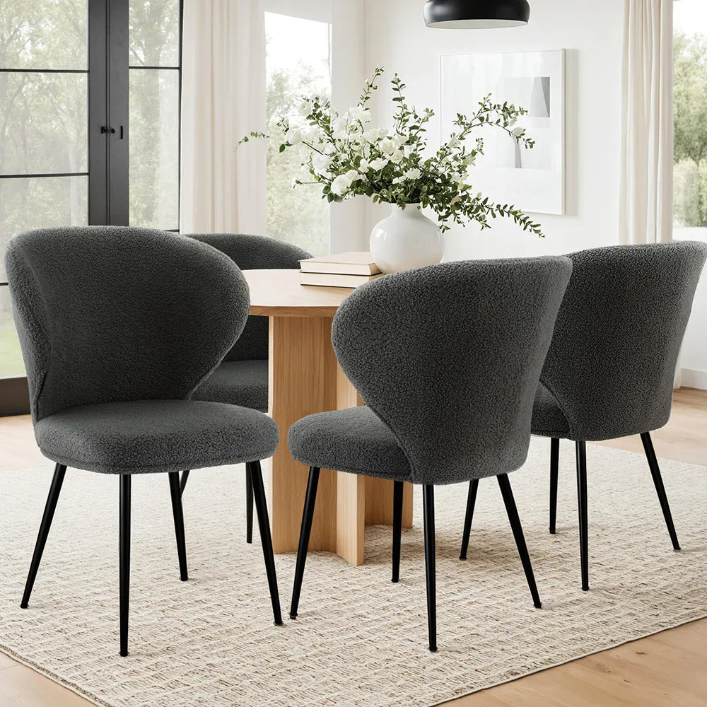 Artiss 4x Dining Chairs Sherpa Boucle Wing Back Grey - Mekamart Australia